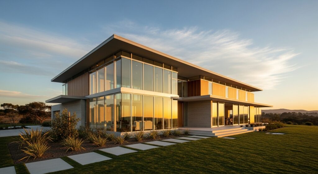 modern house aluminum windows sunset