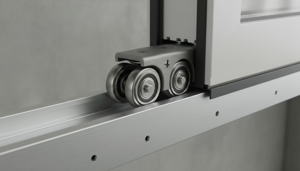 真实铝窗滑轨滚轮系统特写 1